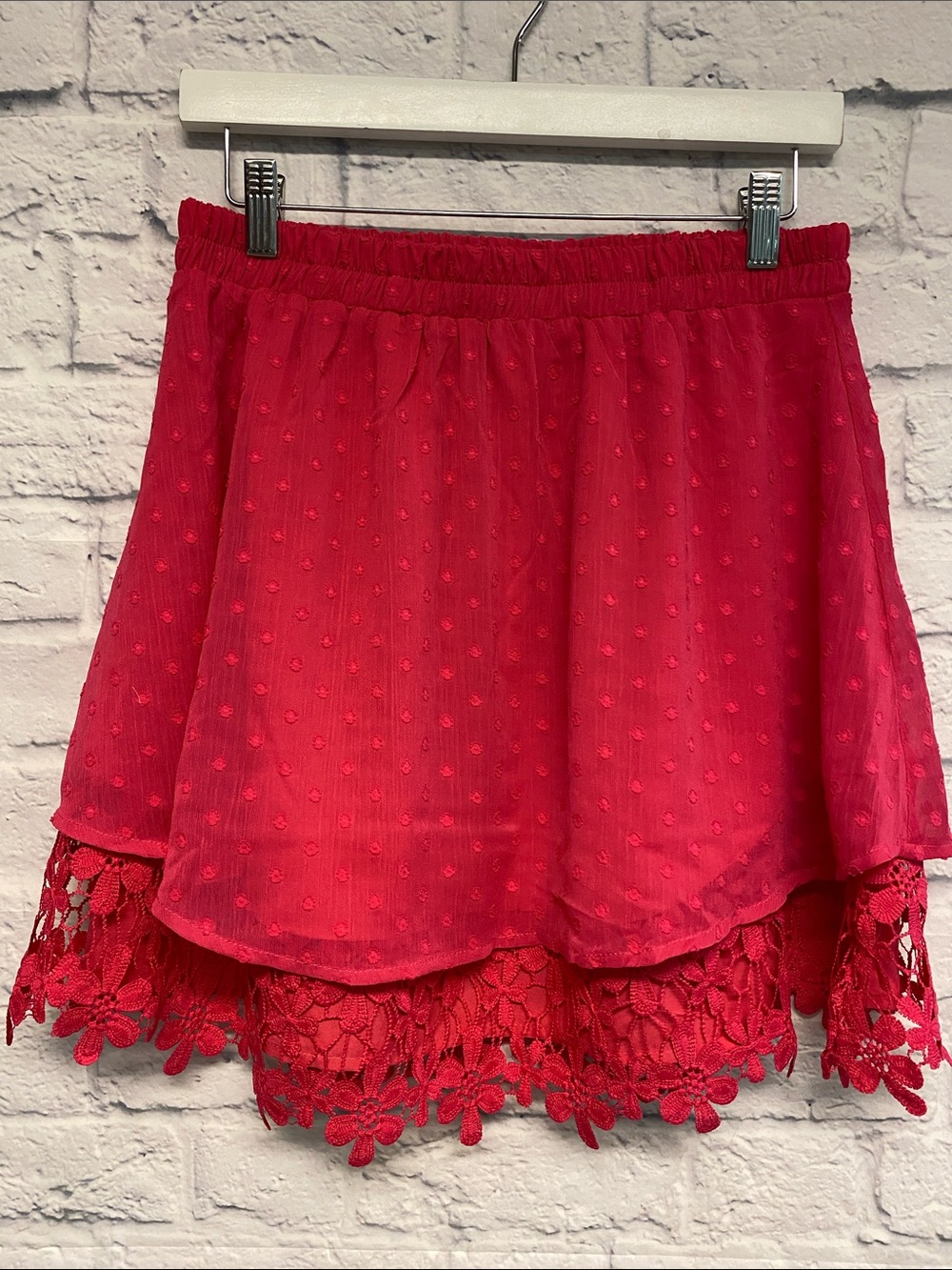 Sugarlips Pink Swiss Dot Mini Skirt with Crochet Hem Size Medium